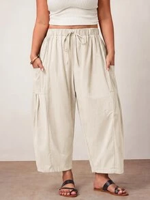 Enliva Plus Size Loose Fit Drawstring Casual Cropped Pants Fall - Apricot - View 6