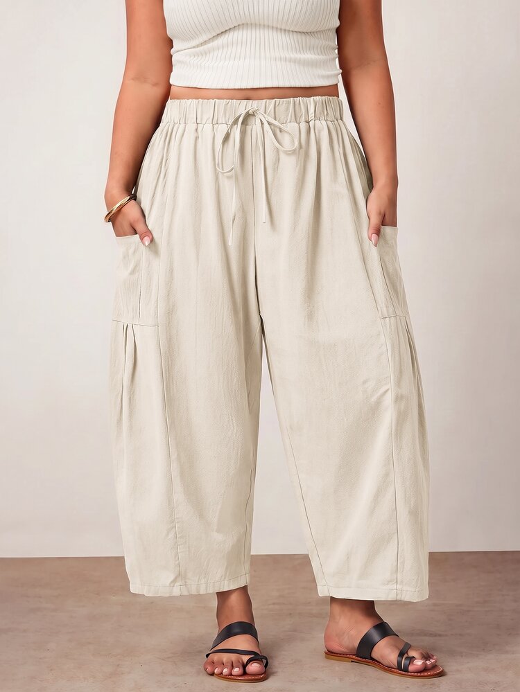 Enliva Plus Size Loose Fit Drawstring Casual Cropped Pants Fall - Apricot - View 6