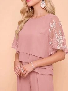 Amorya 女款花卉刺繡網紗拼接上衣褲子兩件套，適合婚禮、晚餐、單身派對、雞尾酒會，灰粉色，夏季優雅休閒白色 - 粉色 - 查看 1