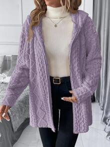SHEIN Clasi 大尺碼冬季舒適麻花編織長袖連帽夾克 - 淡紫色 - 查看 8