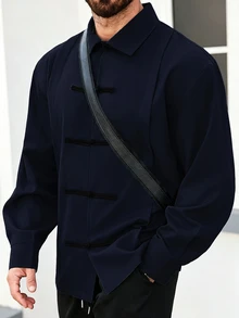 Manfinity Homme 男士大尺碼秋季休閒青蛙鈕扣襯衫 - 藏蓝色 - 查看 3