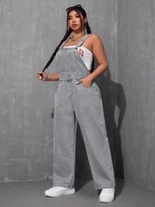 SHEIN ICON 大尺碼女款寬鬆寬腿休閒牛仔吊帶褲，附口袋 - 淺灰色 - 查看 6