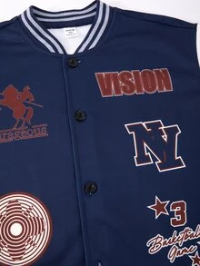 SHEIN Vacaura 青少年男孩美式棒球夾克套裝，秋冬對比色字母印花夾克與慢跑長褲 2 件套，休閒運動穿搭 - 藏蓝色 - 查看 4