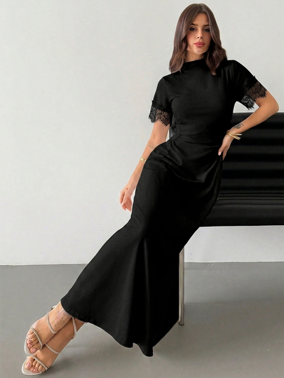 Firerie Women's Solid Color Stand Collar Contrast Lace Short Sleeve Pleated Elegant Mid-Length Dress