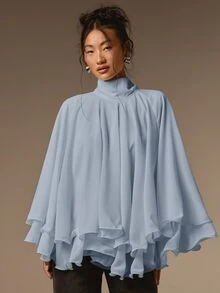 COSMINA Women's Solid Color Stand Collar Casual Versatile Daily Chiffon Blouse - Baby Blue - View 1