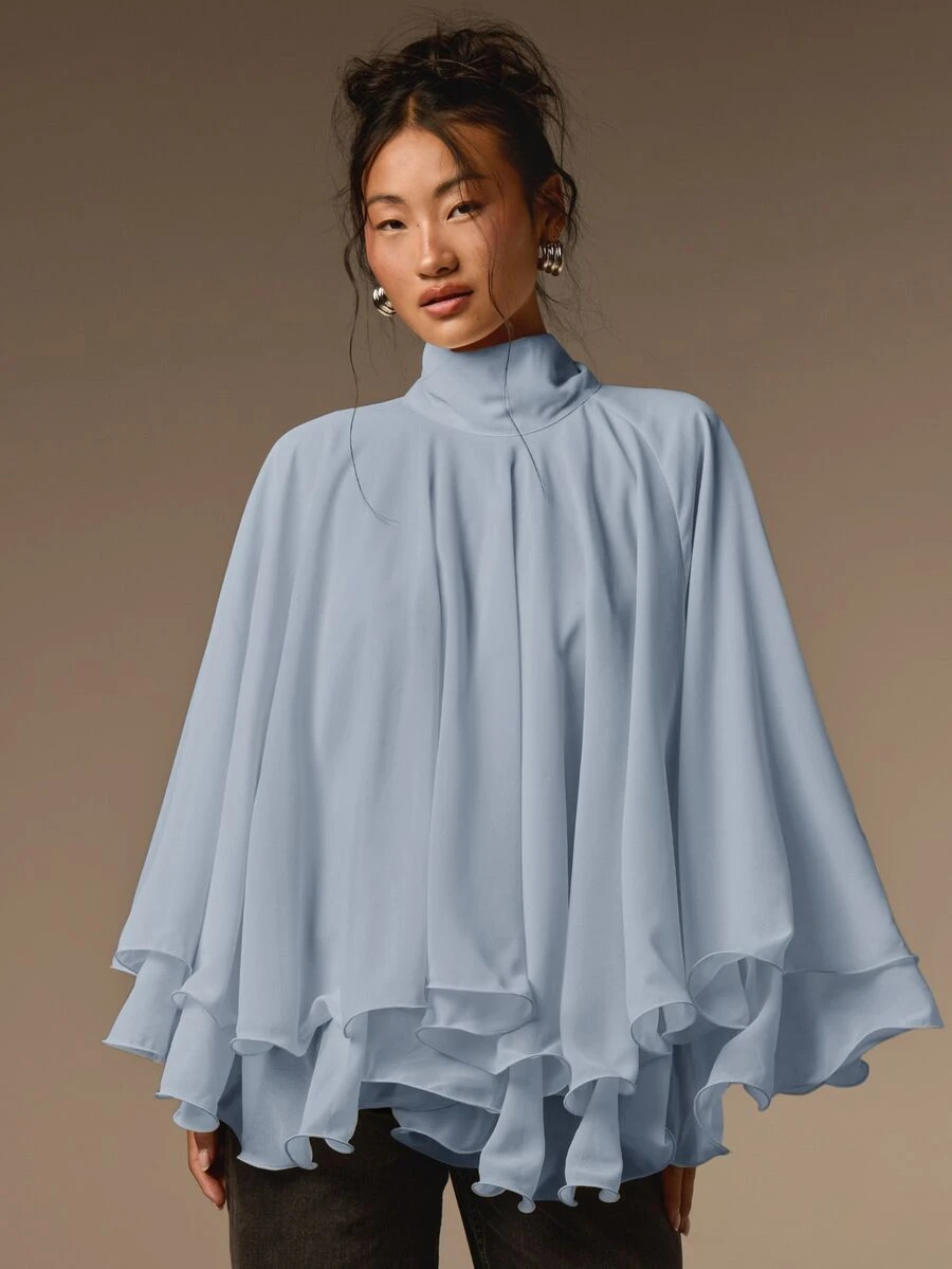 COSMINA Women's Solid Color Stand Collar Casual Versatile Daily Chiffon Blouse - Baby Blue - View 1