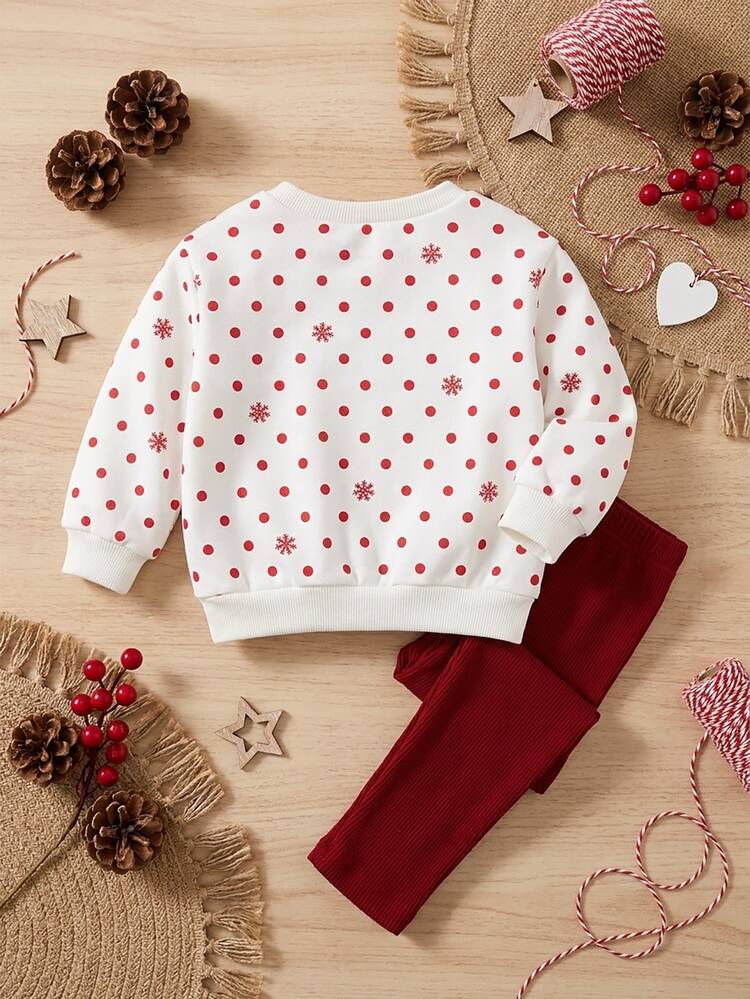 SHEIN Baby Girl Polka Dot Cartoon Print Sweatshirt & Leggings Set - Red and White - View 2