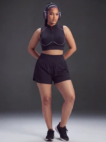 Powerista Women's Plus Size Seamless Black & White Zipper Back Open Back Stand Collar Sports Bra - Black - View 3