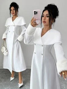 Elenzga Standard Size Women's French Lady Style White Cape Collar Long Overcoat With Faux Fur Sleeve Design, Elegant Overcoat - White - View 1