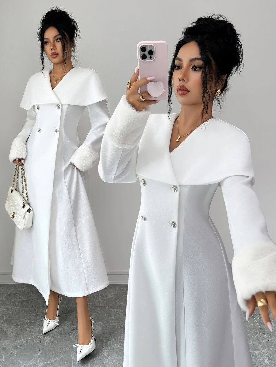 Elenzga Standard Size Women's French Lady Style White Cape Collar Long Overcoat With Faux Fur Sleeve Design, Elegant Overcoat - White - View 1