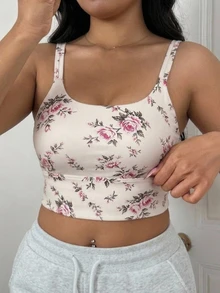 Dazy Plus Plus Size Women's Floral Print Casual Daily Sports Bra - Apricot - View 3