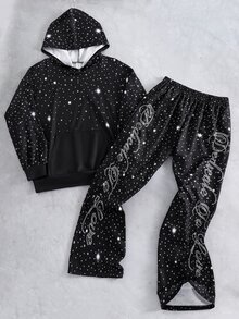 SHEIN 2件組 青少年男孩休閒極簡秋季新款 Y2K 嘻哈風酷感英文字母圖案寬鬆連帽衛衣與直筒長褲套裝，適合秋冬穿著 - 黑色 - 查看 2