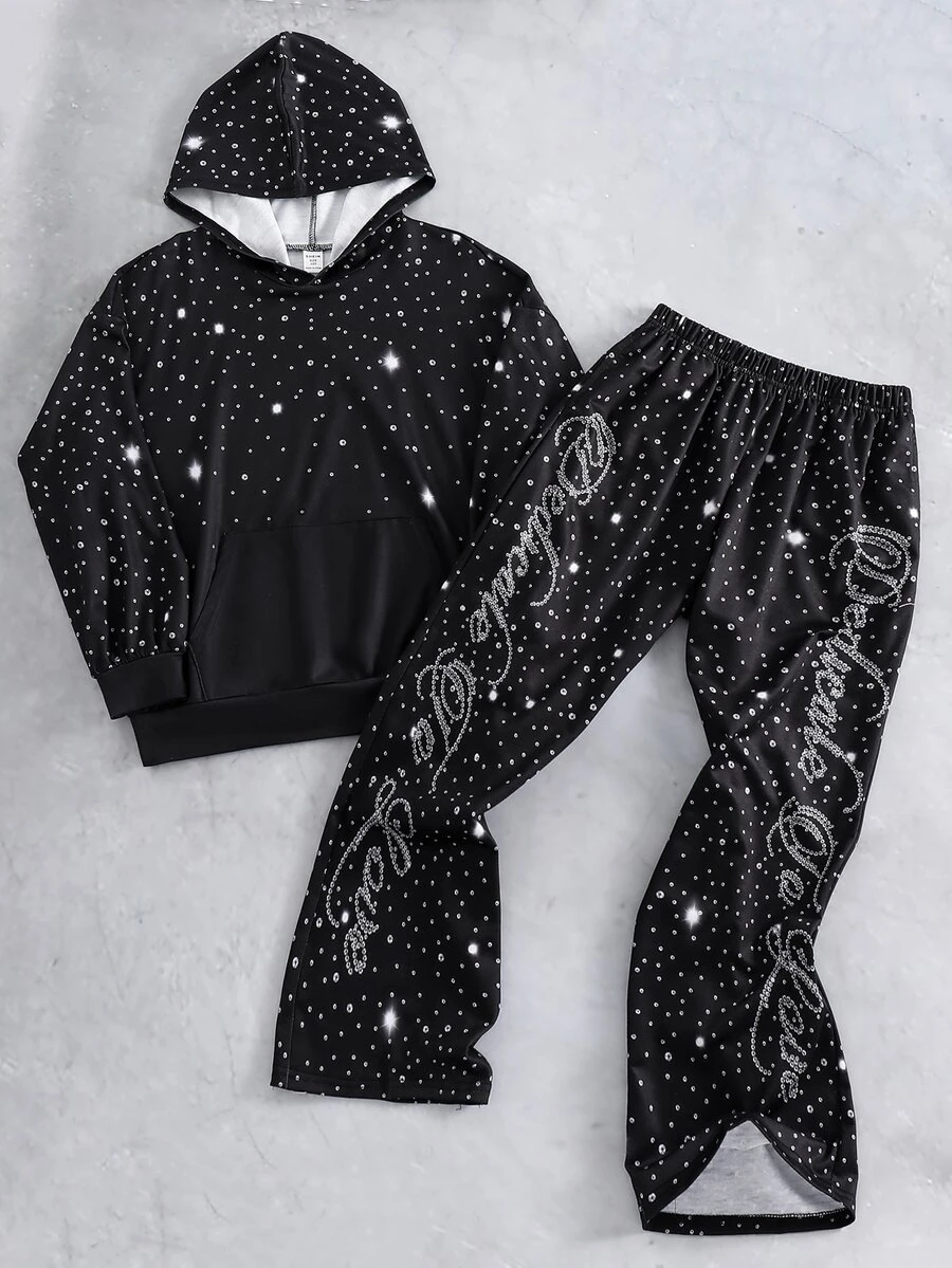 SHEIN 2件組 青少年男孩休閒極簡秋季新款 Y2K 嘻哈風酷感英文字母圖案寬鬆連帽衛衣與直筒長褲套裝，適合秋冬穿著
