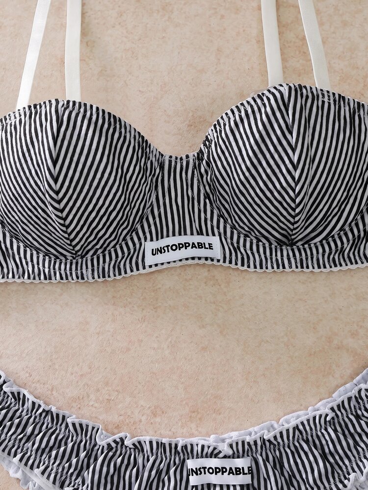 EverLounge 2pcs Striped 3/4 Cup Underwire Molded Cup Push-Up Support Lace Trim Bow Women's Lingerie Set - Black - View 4