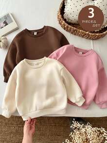 SHEIN LMoss Kids 女童 3 件組 針織純色圓領寬鬆休閒秋冬衛衣套裝 - 彩色 - 查看 6