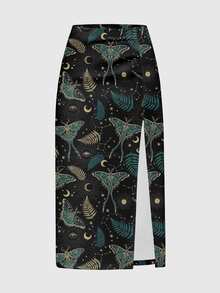 ROMWE Fairycore Dark Mysterious Hippie Floral Plant Black High Slit Women's Skirt - Black - View 1