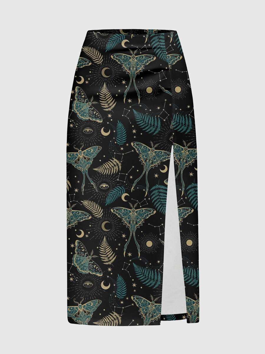ROMWE Fairycore Dark Mysterious Hippie Floral Plant Black High Slit Women's Skirt - Black - View 1