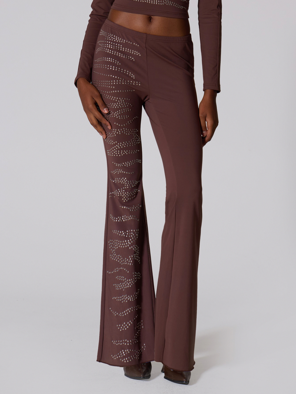 Brown Slinky Studded Flared Pants