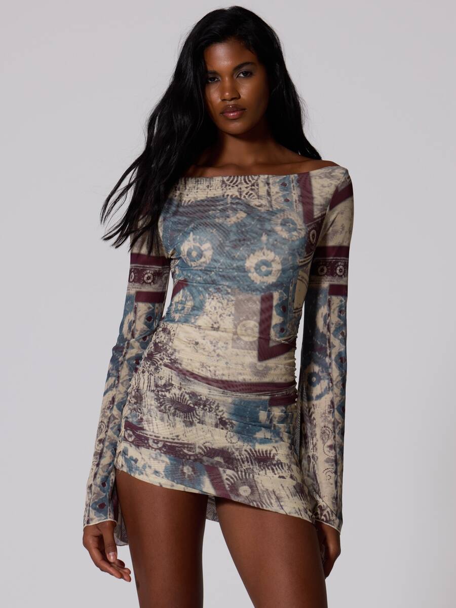 MUSERA Graphic Printed Off Shoulder Ruched Mini Dress Summer Autumn Fall Winter Going Out Festival Cool Girl Low Frequency - Multicolor - View 1