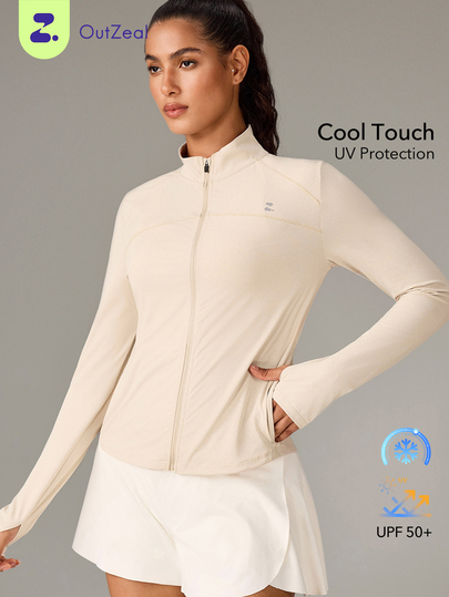 OutZeal Chaqueta para mujer a prueba de sol, protección UV, tacto fresco, cuello alto, cierre de cremallera, para gimnasio, entrenamiento y actividades al aire libre