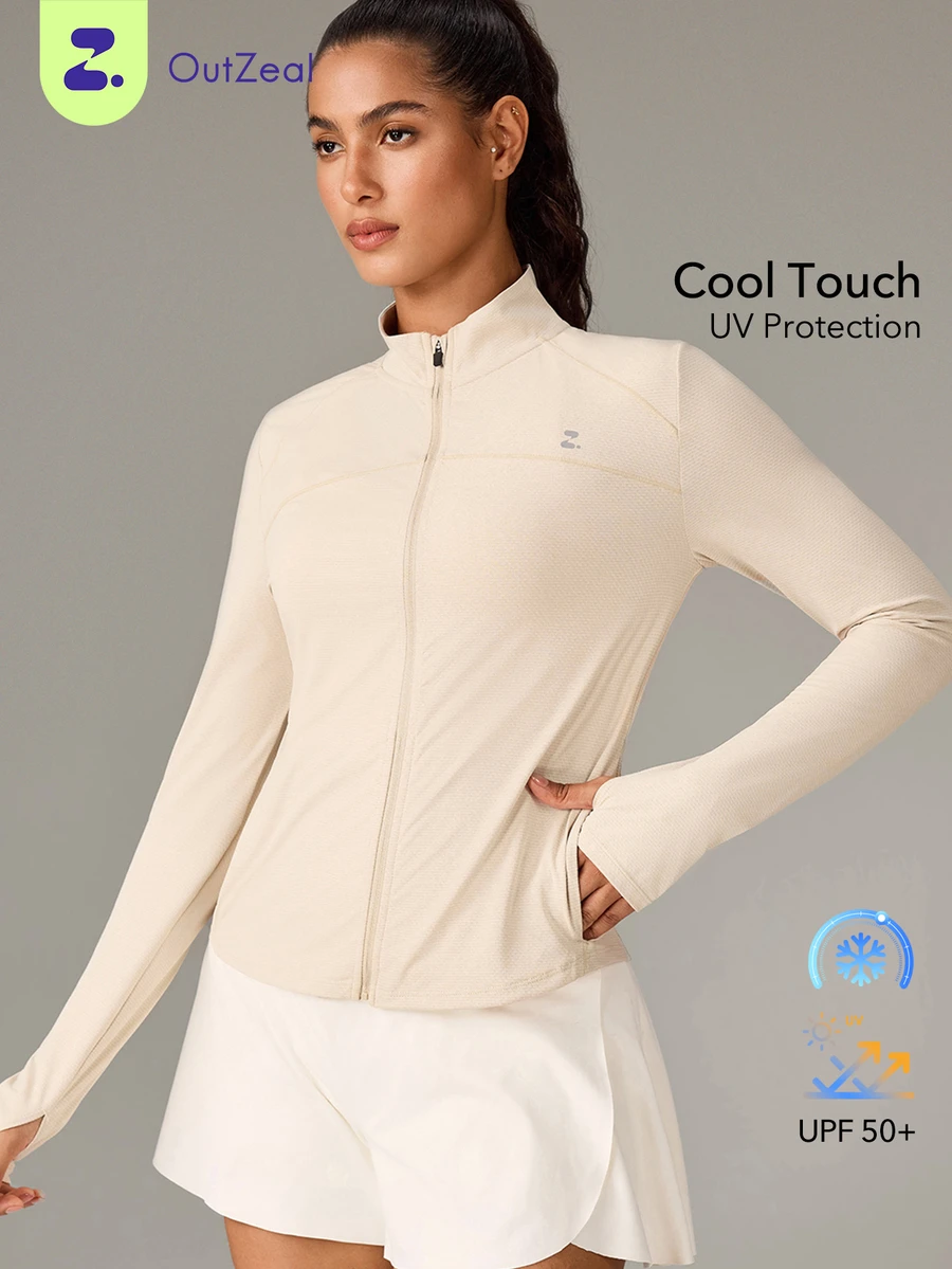 OutZeal Women Sun-Proof Jacket Gym Workout UV Protection Cool Touch Stand Collar Zip Up Outdoor Tops - Khaki - View 1