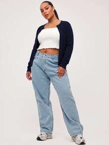 SHEIN BASICS Casual Solid Color Long Sleeve Cardigan Sweater, Plus Size In Fall Winter Clothes - Navy Blue - View 4