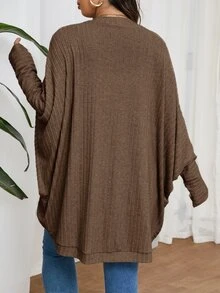 SHEIN Frenchy 大尺碼休閒寬鬆羅紋刷毛針織開襟外套 - 棕色 - 查看 3