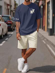Sorvial Men's Fitted Knit Navy Blue Top And Apricot Woven Shorts Set - Navy Blue - View 4