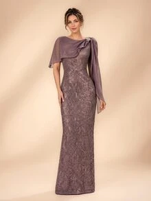 Serin Elegant Sequin Luxurious Diamond Embroidered Lace Patchwork Chiffon Flounce Fitted Mermaid Evening Gown For Wedding Formal Wedding Guest Mauve Fall - Bronze - View 6