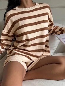 Comfortcana 女款新款秋季條紋毛衣兩件套 - 棕色 - 查看 8