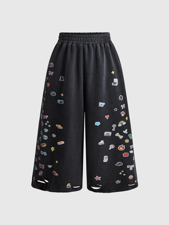 Street Life Vintage Y2K Badge Print Grey Sweatshirt Washed Street Casual Women's Sweatpants