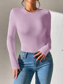 SHEIN PETITE 素色修身春季女款連身衣 - 淡紫色 - 查看 9