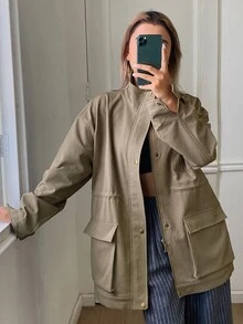 DAZY Women's Solid Color Loose Fit Utility Jacket With Pockets And Zipper, Long Sleeve Casual Streetwear Fall Regular Jacket Everyday Going Out Olive Green - Khaki - View 3