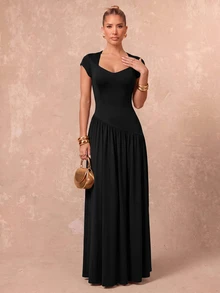 Lumalex Women's Solid Color Pleated Casual Party & Travel Long Dress - Black - View 4