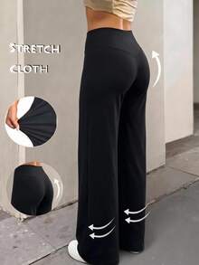 SHEIN 少女女孩針織黑色百搭休閒長褲 - 黑色 - 查看 1