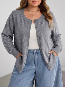 SHEIN CURVE+ 大尺碼休閒純色圓領長袖寬鬆女款冬季上衣 - 灰色 - 查看 6