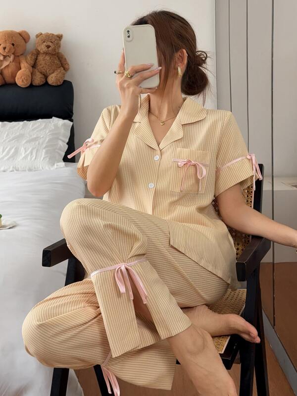 Napfluff Sweet Girl Style Striped Tie-Up Pajama Set, Exquisite Bow Decor Lapel Two Pieces Set