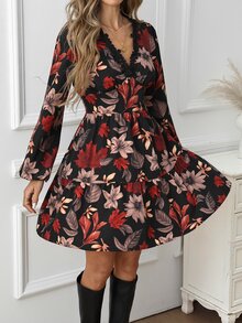 SHEIN Clasi Gaun Midi Kasual Wanita Motif Bunga & Daun Maple, Musim Gugur - Hitam - View 2