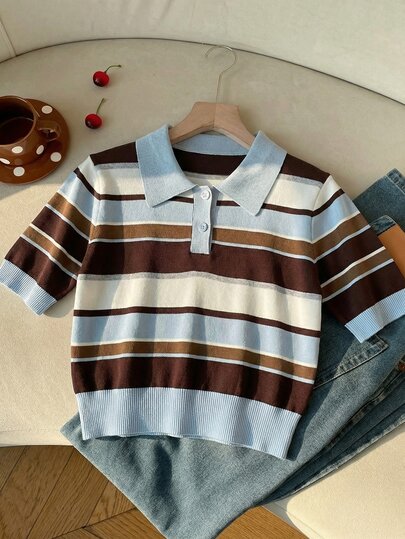 Comfortcana Women's Brown Striped Knit Polo Collar Short Sleeve Top, 90s Retro Preppy Style, Minimalist Elegant Casual Back To School Vintage Knit Top Plus Size