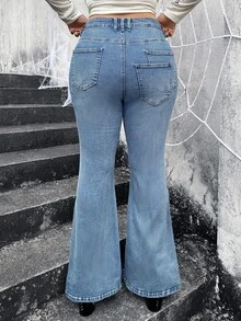 Jeanoix Plus Size Women's Casual Daily Denim Flare Pants With Pockets And Buttons - Blue - View 3