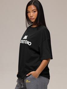 MUSERA 炭灰色圖案Logo細節女款T恤 冬季休閒日常舒適穿搭 酷綠色 - 黑色 - 查看 3