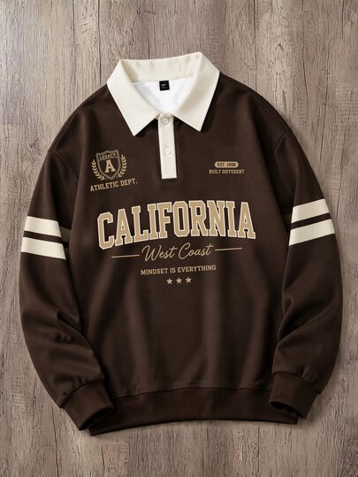 Manfinity Joysei Men's Casual College Slogan Print Button Collar Pullover Sweatshirt