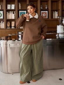 Muchica Plus-Size Brown Color-Block Corduroy Sweatshirt With Half-Zip And Fleece Lining (Preppy Style) - Brown - View 3
