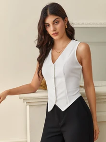 SHEIN Tall 秋冬款純色鈕扣前襟背心西裝外套 - 白色 - 查看 4
