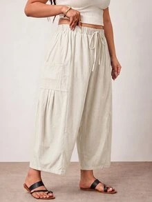 Enliva Plus Size Loose Fit Drawstring Casual Cropped Pants Fall - Apricot - View 3