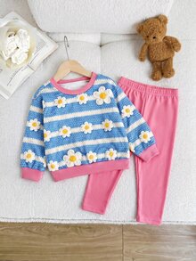 SHEIN 女嬰雛菊條紋圓領長袖衛衣與內搭褲休閒套裝 - 藍色 - 查看 3