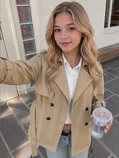 SHEIN Tween Girl Coat Tween Girl Woven Khaki Double-Breasted Lapel Raglan Sleeve Button With Loop And Buckle Belt Decor Loose Knee-Length Trench Coat, Casual Military Style, Commute And Streetwear, Academy Style Trench Coat