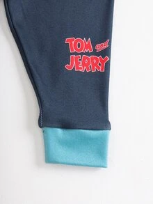 TOM & JERRY X SHEIN طقم ملابس منزلية ضيق للأطفال الذكور بطباعة كرتونية وخطوط ملونة - أزرق بحري - مشاهدة 6