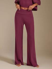 Athîral Women's Solid Color Asymmetric Collar Top & Pants Loungewear Set - Pink - View 6