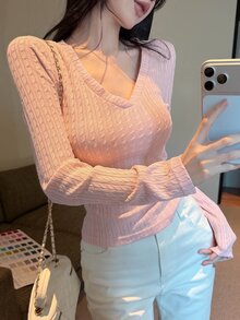 DAZY 女款休閒百搭純色修身T恤，秋冬度假款 - 粉色 - 查看 3